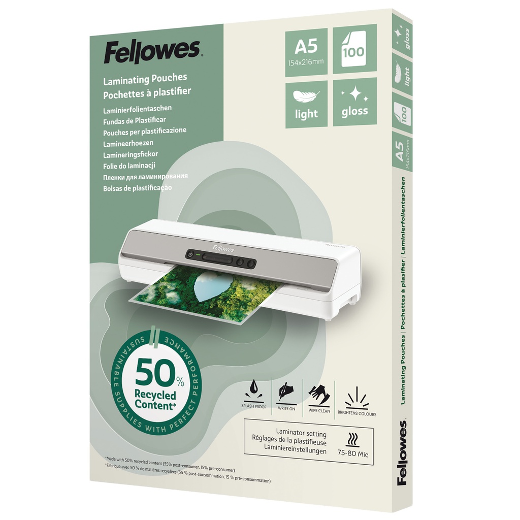 Scatola 100 pouches riciclate 80mic A5 Fellowes