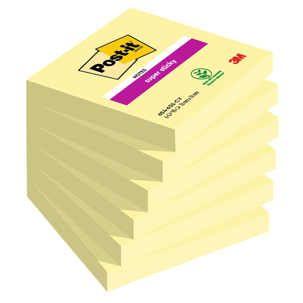 Cf. 6pz 90 foglietti Post-it® Super Sticky 76x76mm 654-6SS giallo Canary
