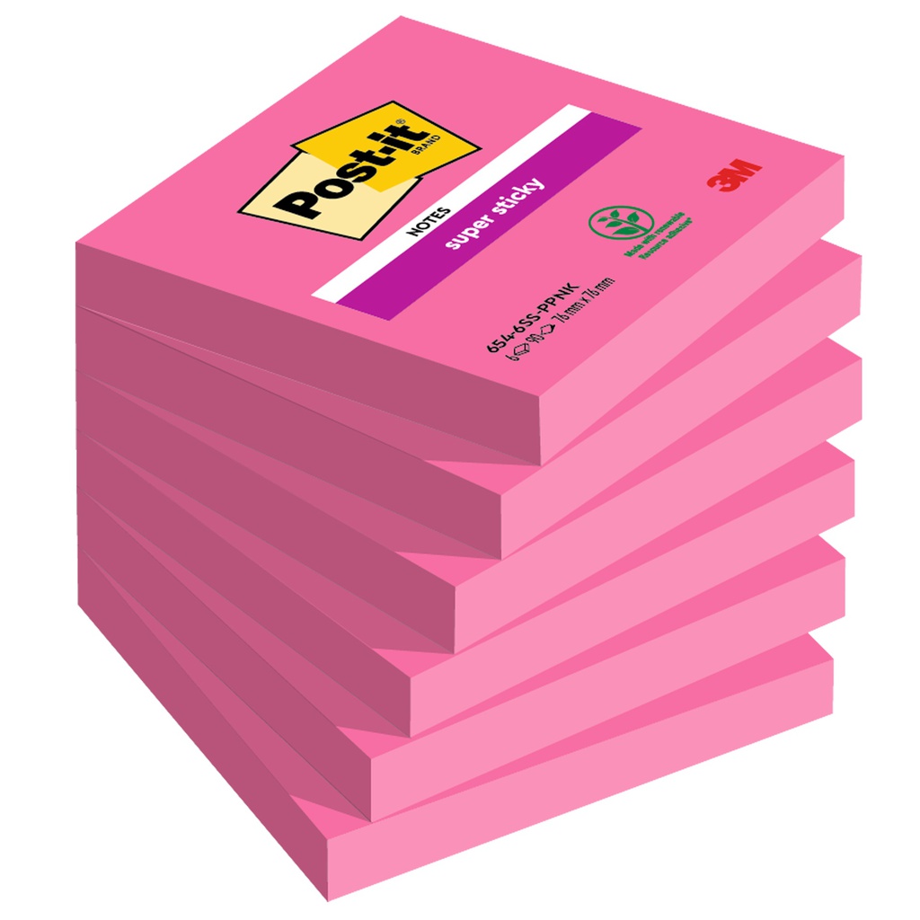 Cf. 6pz 90 foglietti Post-it® Super Sticky 76x76mm 654-6SS rosa power