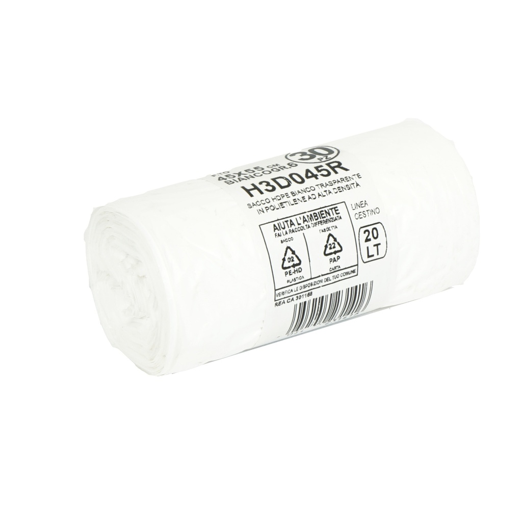 30 sacchi rifiuti 20L 45x55cm 15my HDPE bianco Bio Extrusion