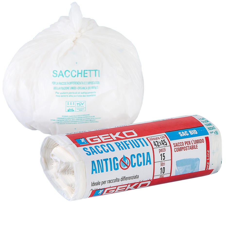 15 Sacchi rifiuti organici Sac Bio 42x45cm 10L 12my  bianco Geko