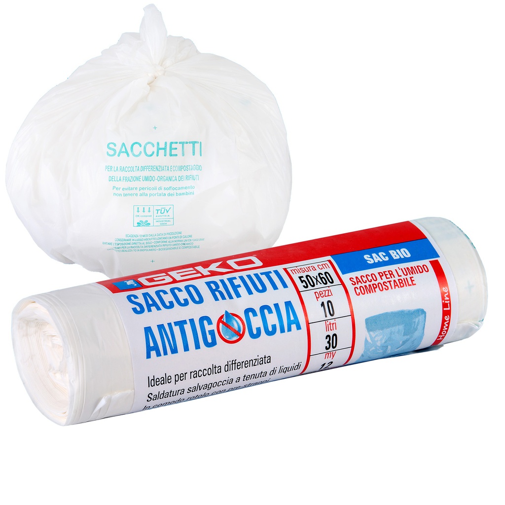 10 Sacchi rifiuti organici Sac Bio 50x60cm 30L 12my  bianco Geko