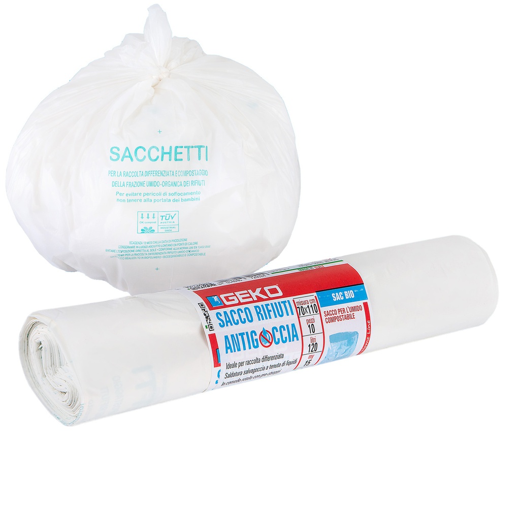 10 Sacchi rifiuti organici Sac Bio 70x110cm 120L 15my  bianco Geko