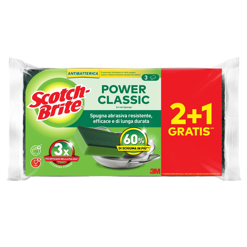 PACK 2+1 Spugne abrasive Power Classic antibatterica SCOTCH BRITE® A12