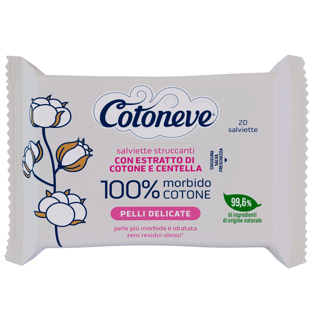 Busta da 20 salviette struccanti in cotone pelli delicate Cotoneve