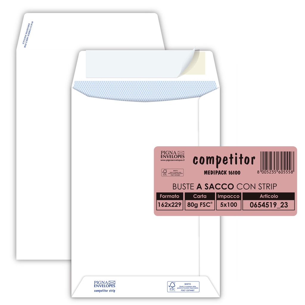 100 buste sacco COMPETITOR FSC® bianca strip adesivo 160x230mm 80gr Pigna Envelo
