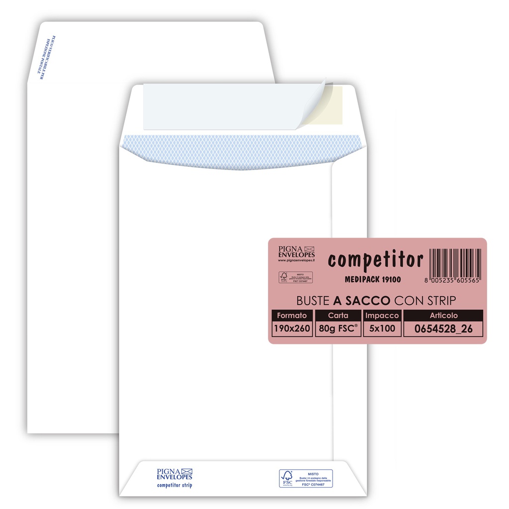100 buste sacco COMPETITOR FSC® bianca strip adesivo 190x260mm 80gr Pigna Envelo