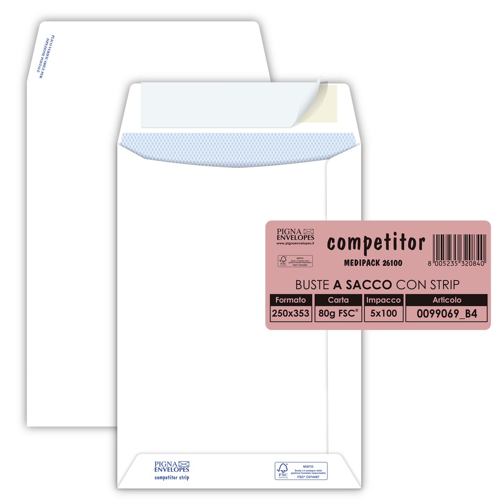 100 buste sacco COMPETITOR FSC® bianca strip adesivo 250x353mm 80gr Pigna Envelo