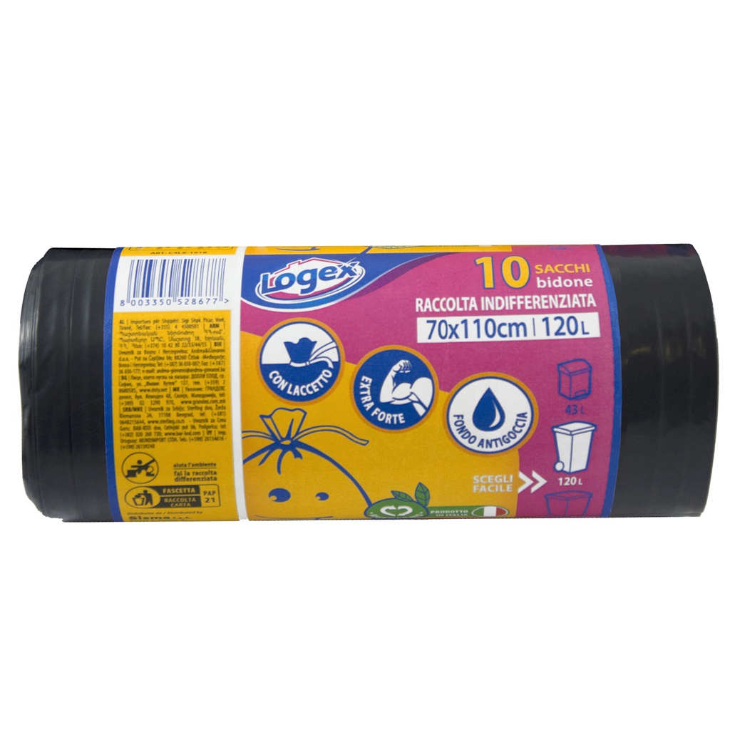 10 sacchi immondizia 43mic 70X110 120Lt nero Logex