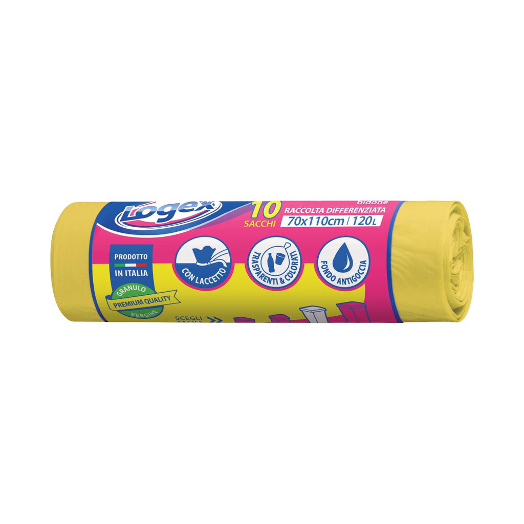 10 SACCHI IMMONDIZIA 70X110CM 120LT HD 16mic GIALLO LOGEX
