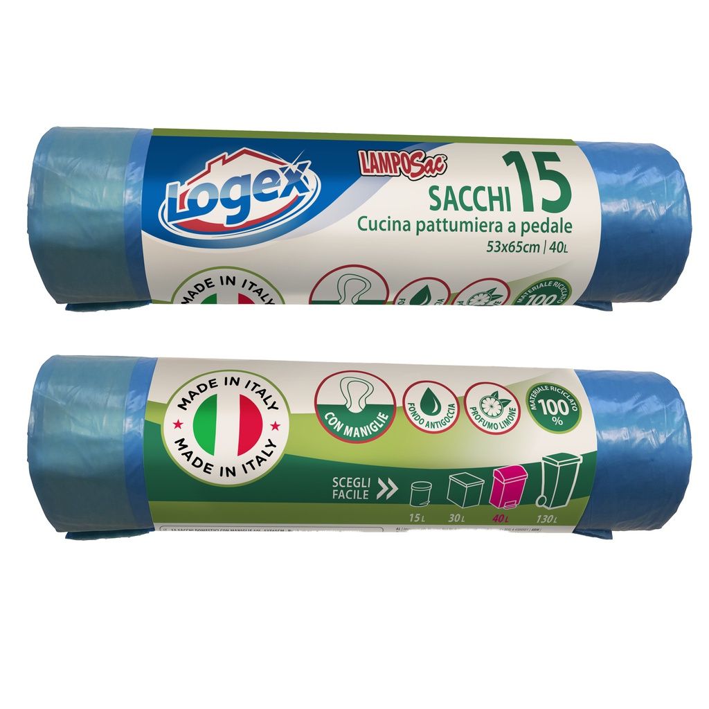 15 Sacchi immondizia 53x65cm 40Lt 25mic Blu con maniglie