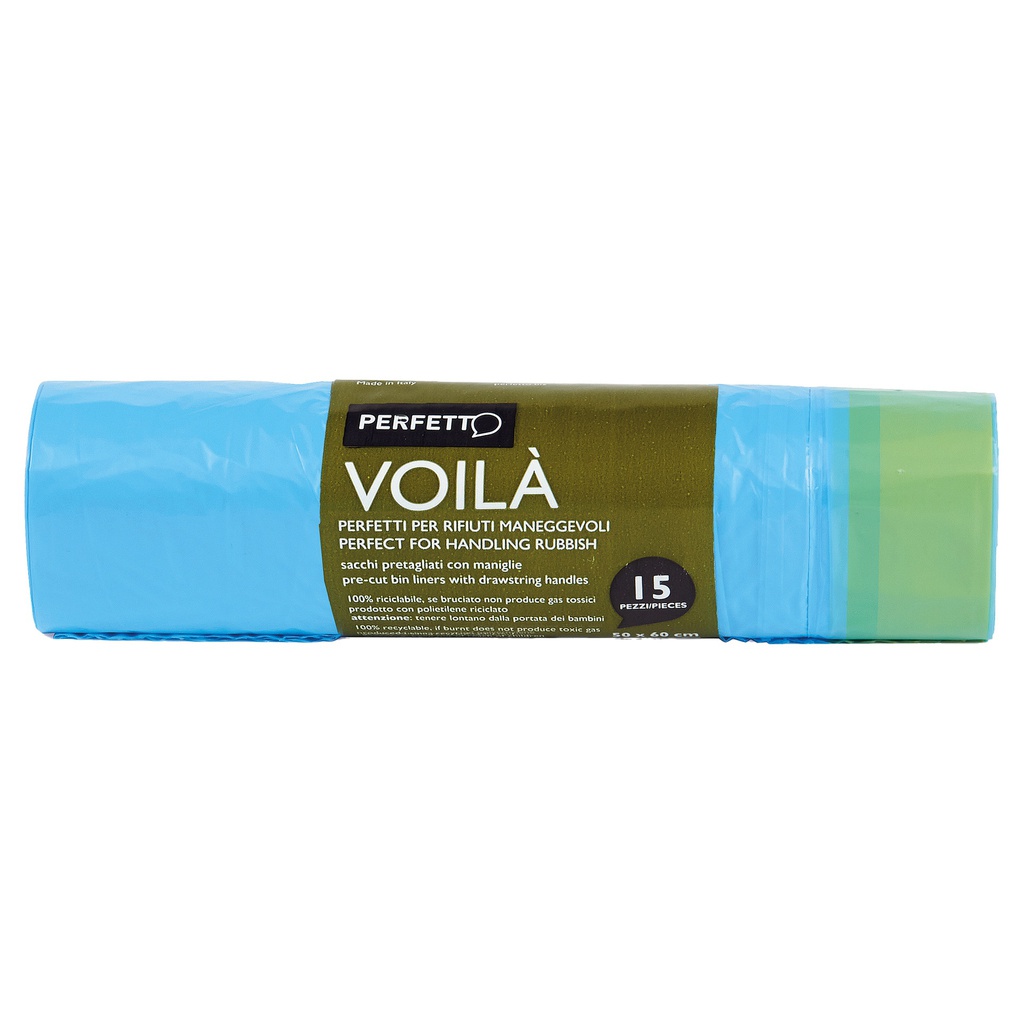 15 SACCHI RIFIUTI 50X60CM-30Lt 15mic AZZURRO c/maniglie VoilA'