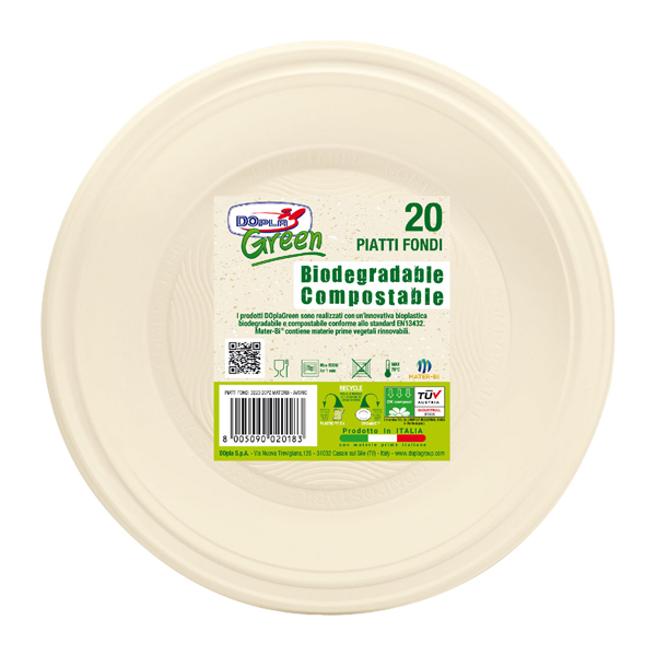 20 Piatti fondi D220mm BIO Mater-bi DOpla Green art. 40034