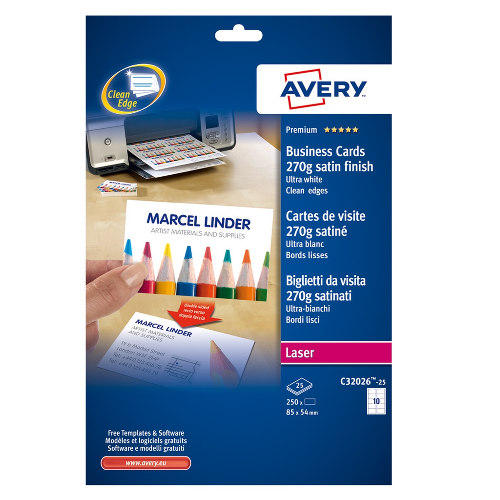 250 BIGLIETTI VISITA 85x54mm LASER 270gr fronte/retro QuickClean AVERY