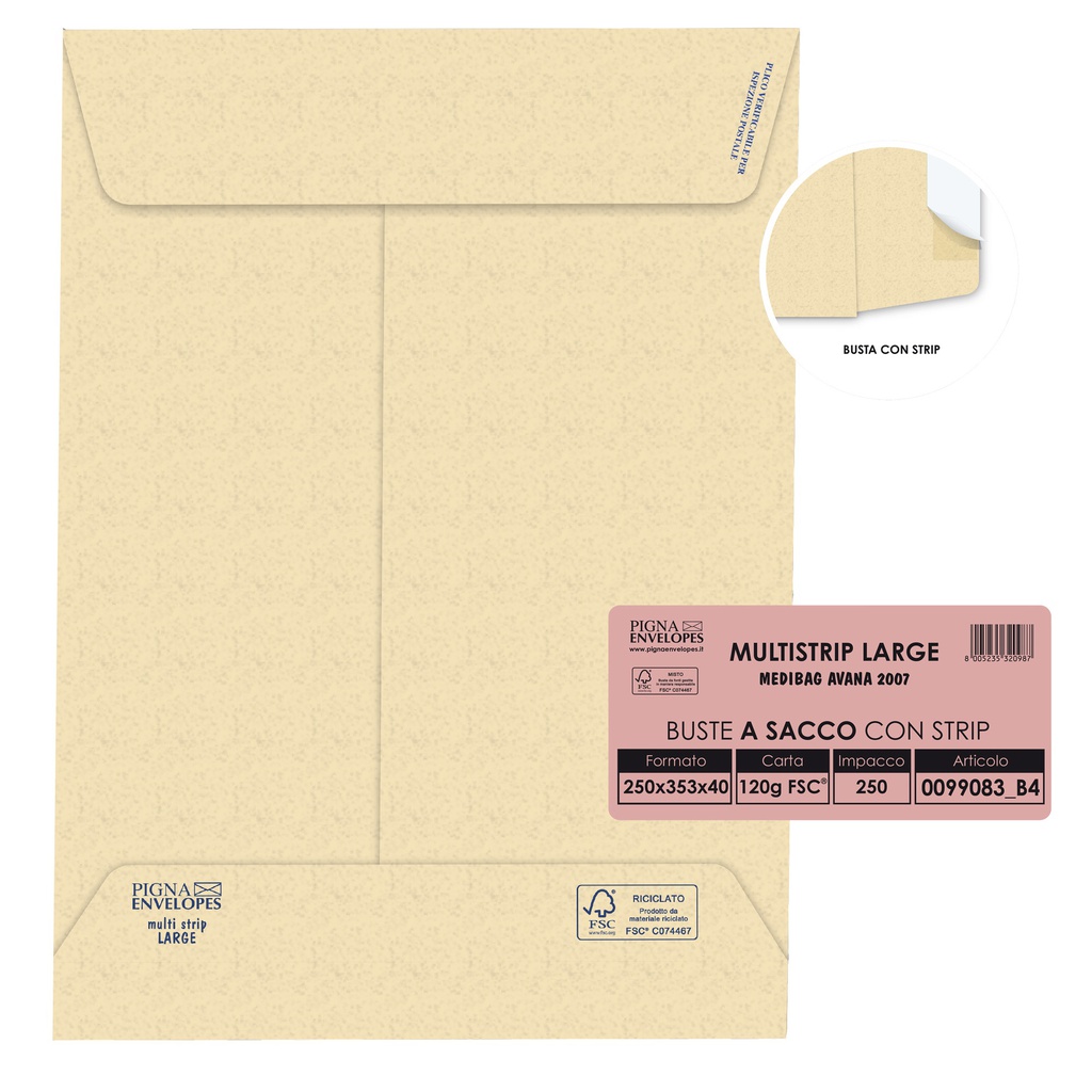 250 buste sacco MULTI STRIP LARGE avana carta ric. 250x353x40mm 120gr Pigna Enve