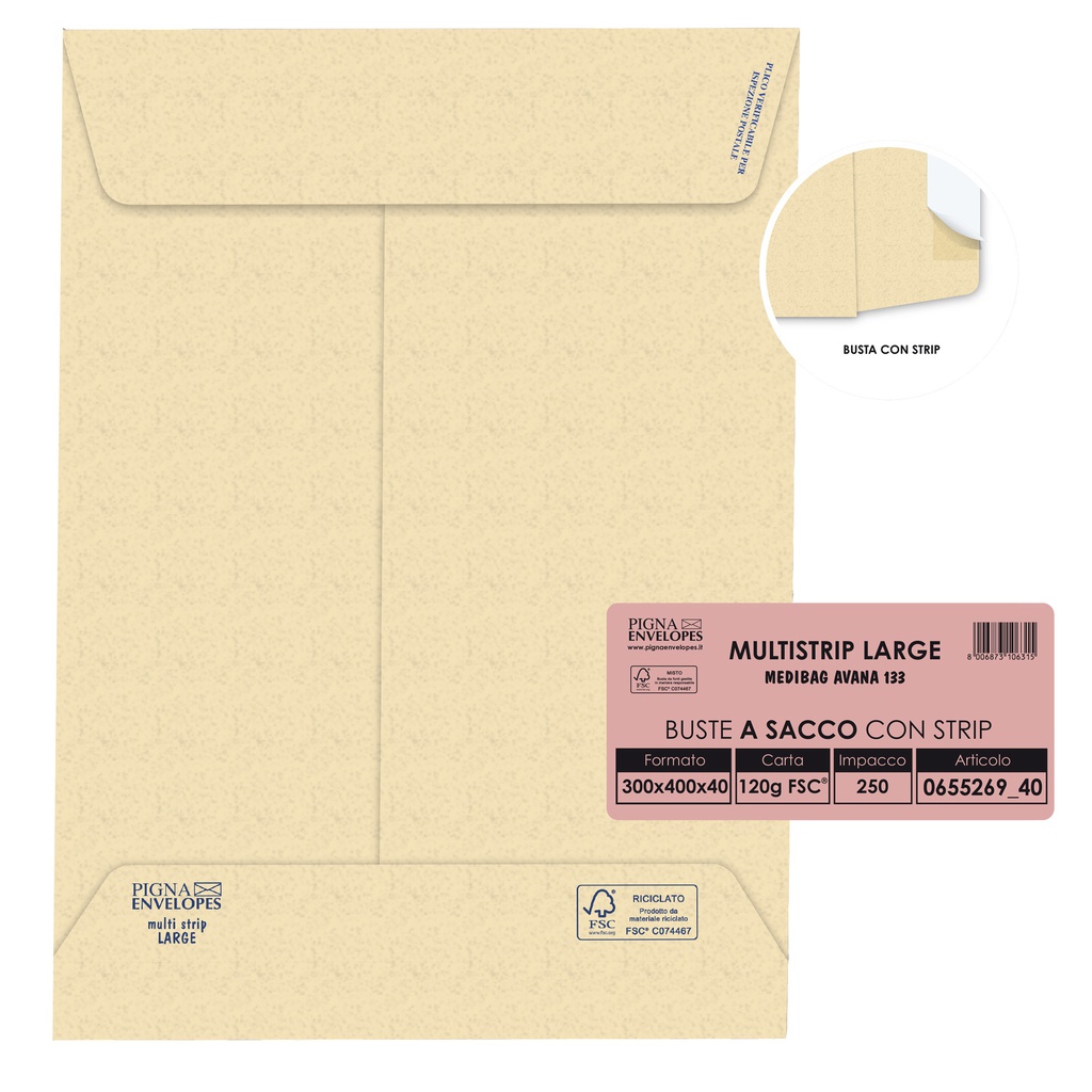 250 buste sacco MULTI STRIP LARGE avana carta ric. 300x400x40mm 120gr Pigna Enve