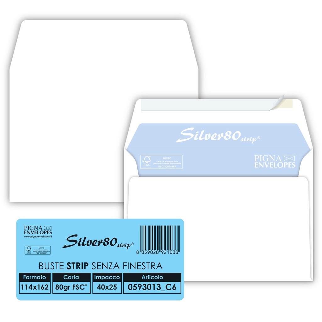 25 busteSILVER80 STRIP FSC®bianca internografata s/finestra114x162mm80gr Pigna E
