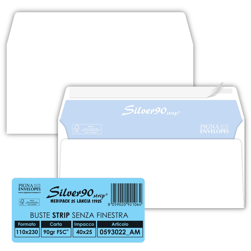 25 buste SILVER90 STRIP FSC®bianca internografata s/finestra110x230mm90gr Pigna
