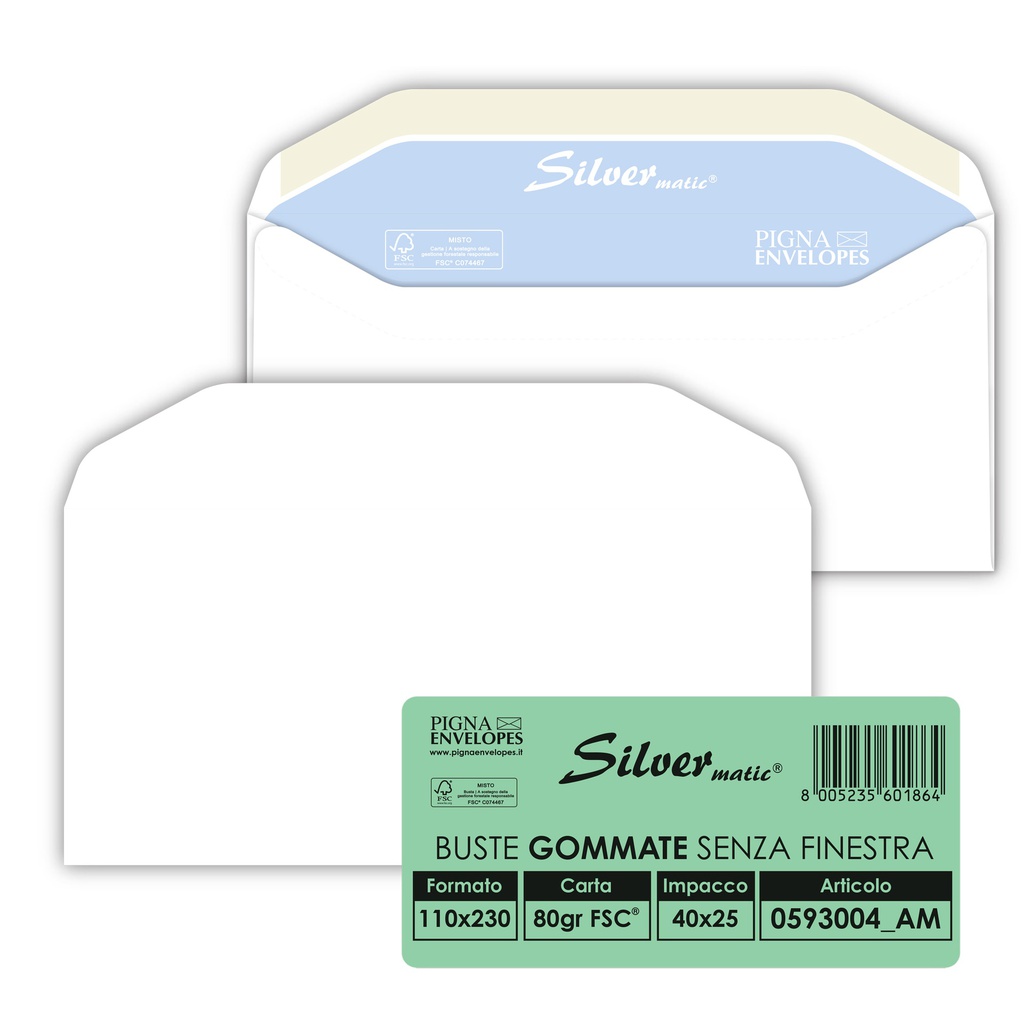 25 buste SILVER MATIC FSC® gommata bianca s/finestra 110x230mm 80gr Pigna Envelo