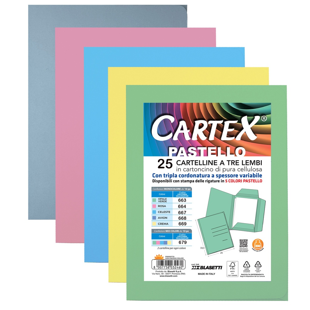25 cartelline 3L pastello C/stampa rigatura col.ass. CARTEX BLASETTI