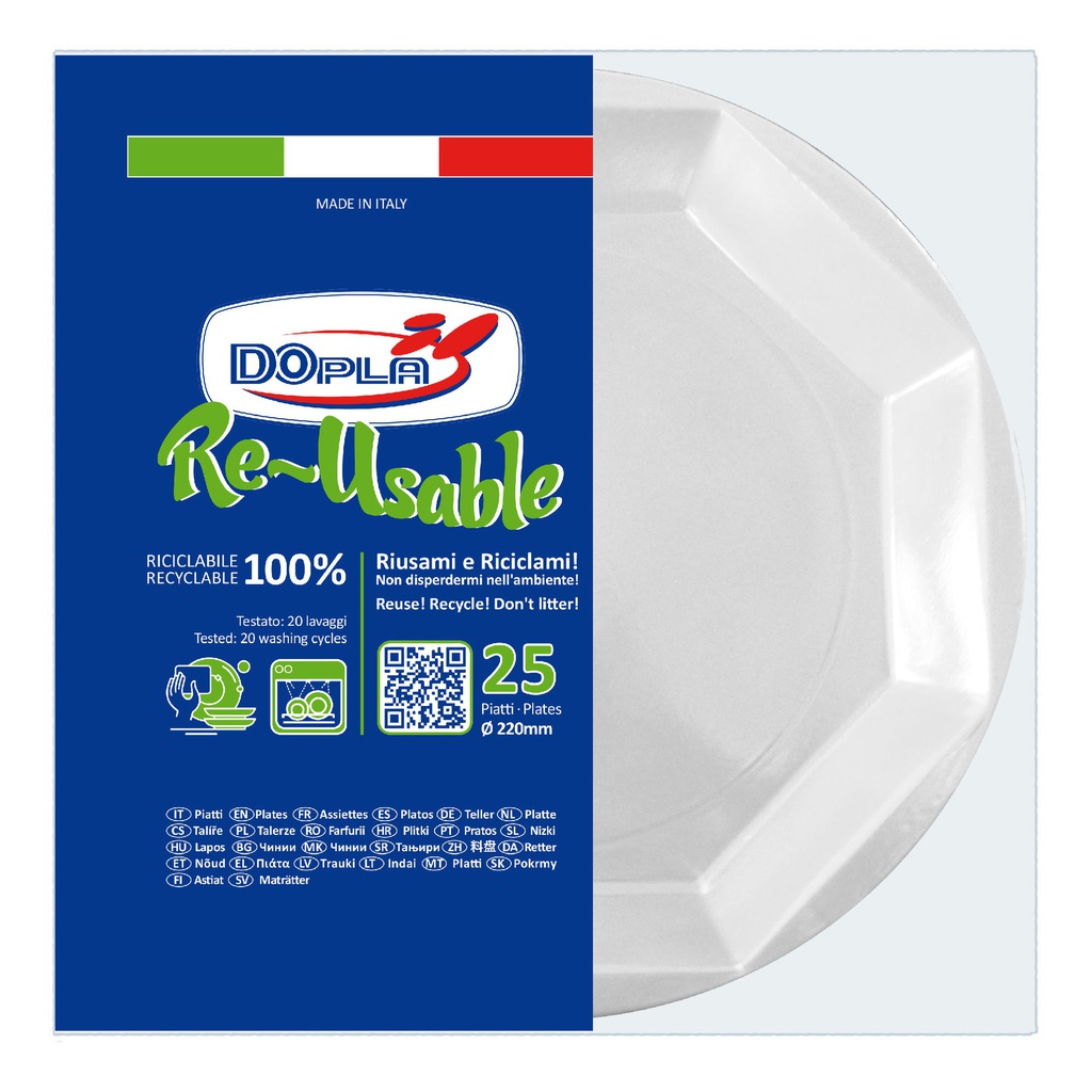 25 Piatti fondi D220mm in PS Reuse bianco Dopla