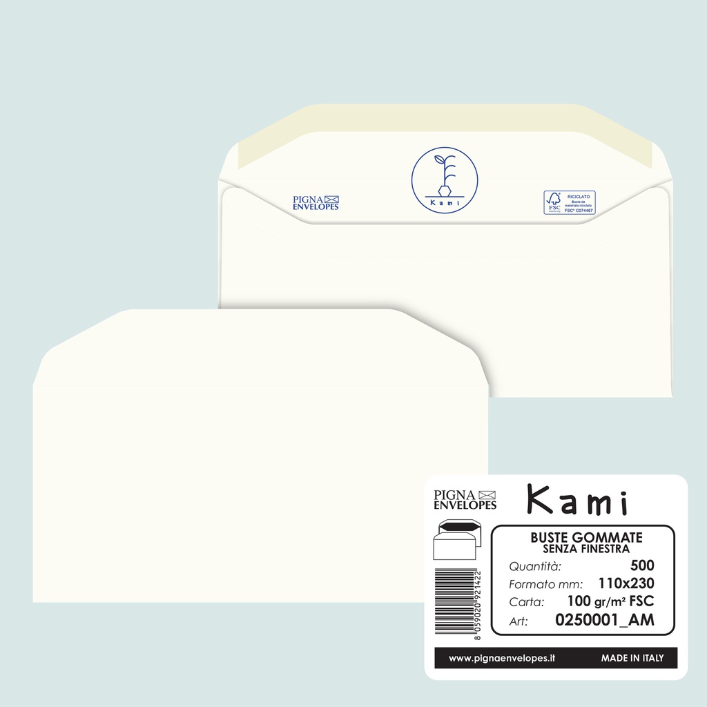 500 busteKAMI GOMMATE bianca carta riciclataFSC®s/finestra 110x230mm 100gr Pigna