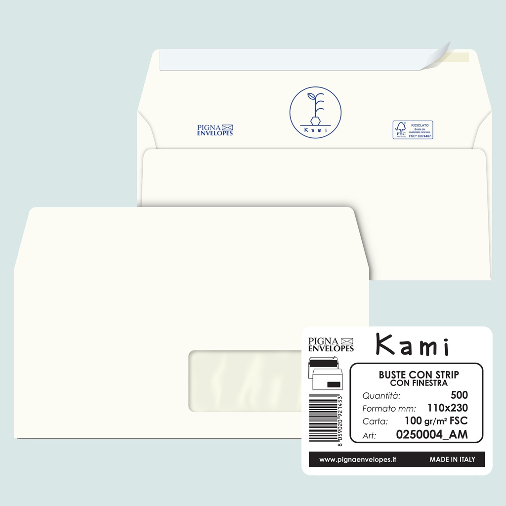 500 buste KAMI STRIP bianca carta riciclata FSC c/finestra 110x230mm 100gr Pigna