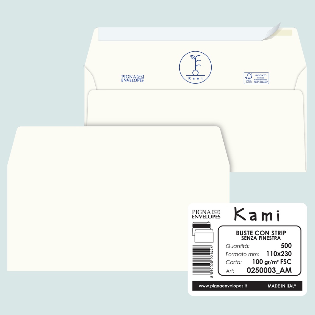 500 buste KAMI STRIP bianca carta riciclata FSC® s/finestra110x230mm 100gr Pigna