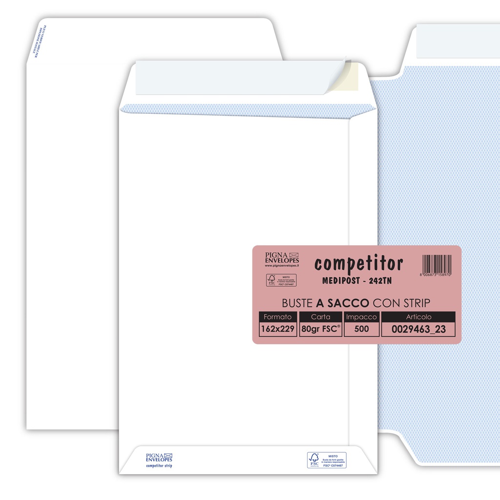500 buste sacco COMPETITOR FSC® bianca strip adesivo 160x230mm 80gr Pigna Envelo