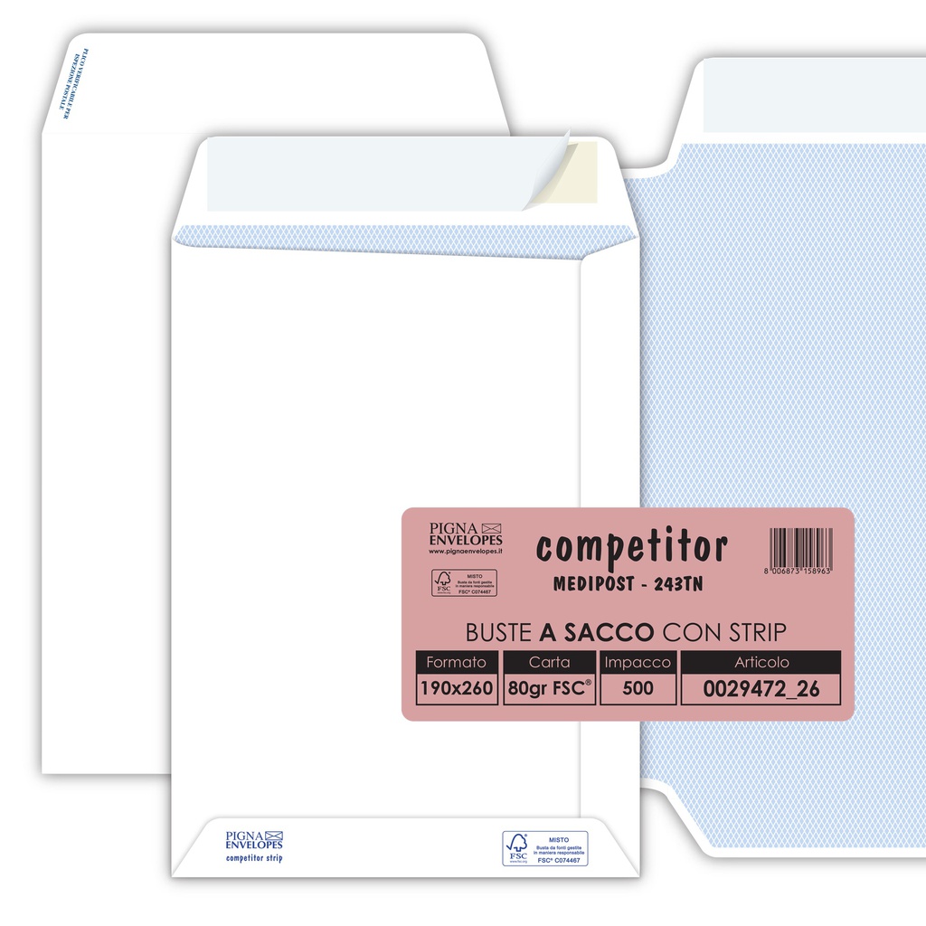 500 buste sacco COMPETITOR FSC® bianca strip adesivo 190x260mm 80gr Pigna Envelo