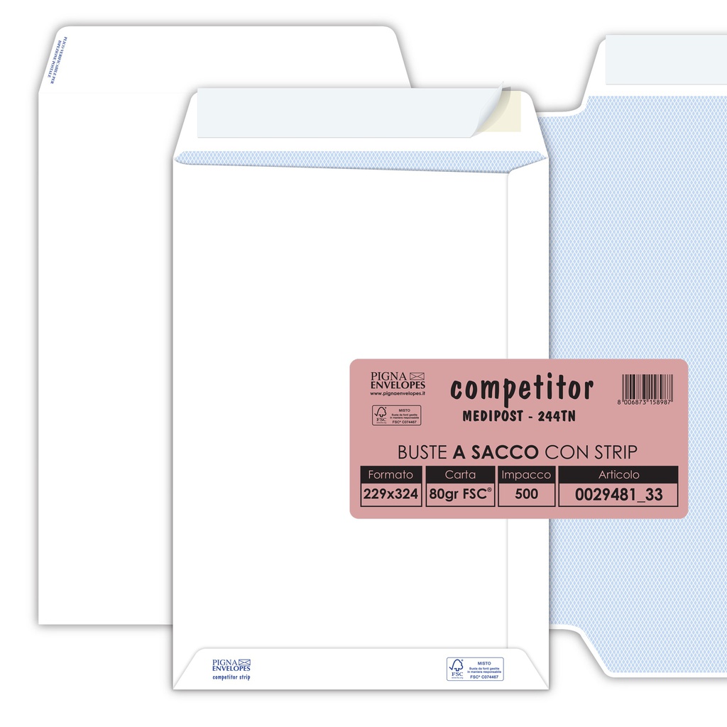 500 buste sacco COMPETITOR FSC® bianca strip adesivo 230x330mm 80gr Pigna Envelo