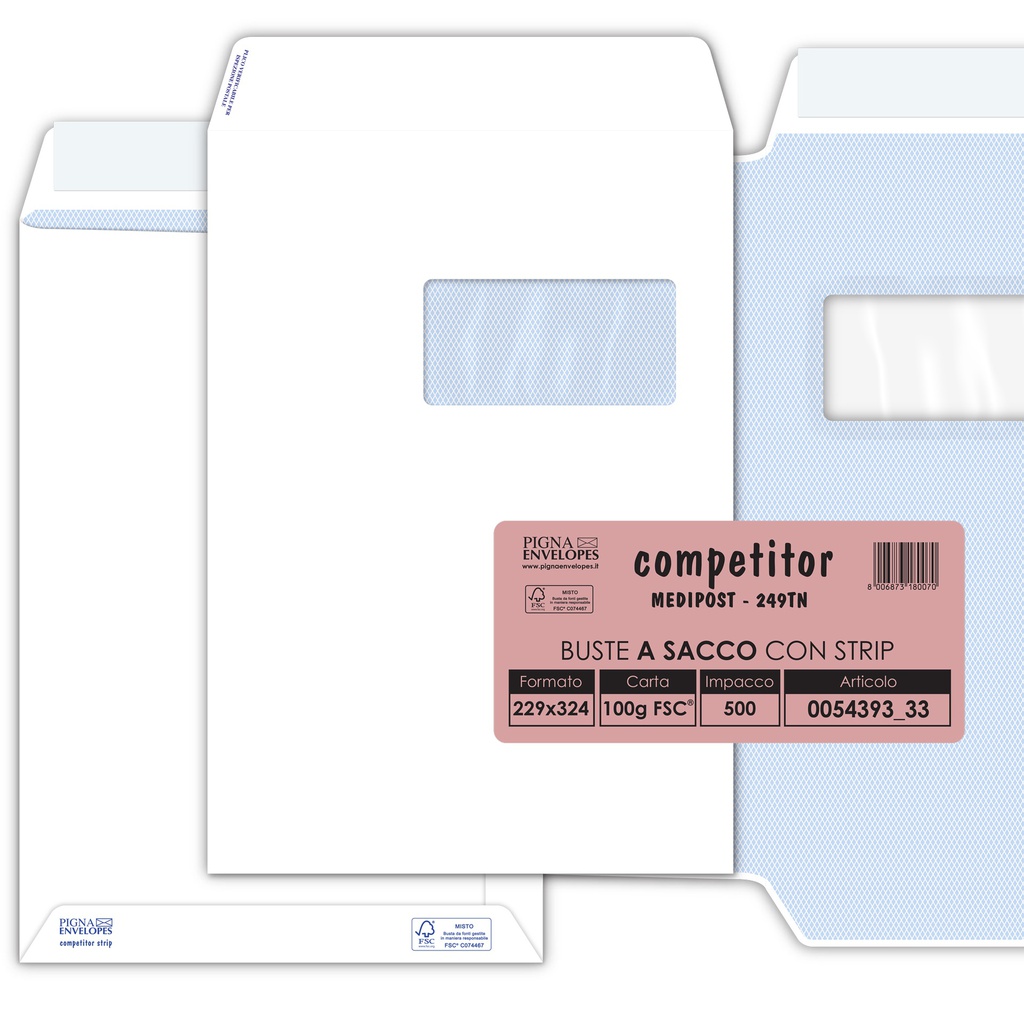 500 buste sacco CompetitorFSC®bianca strip adesivo c/finestra 23x33cm 100gr Pign