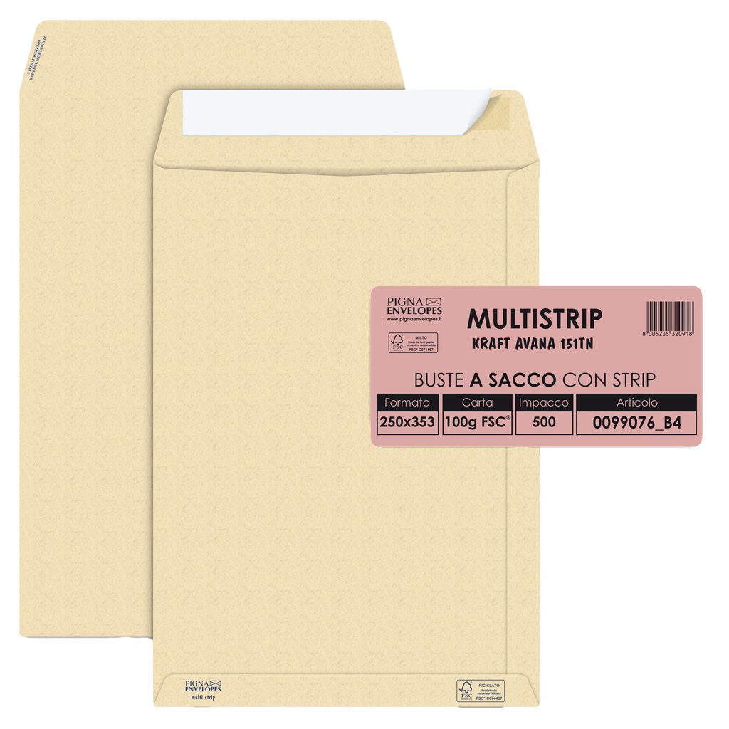 500 buste sacco MULTI STRIPavana carta ric.FSC®strip ades. 250x353mm 100gr Pigna