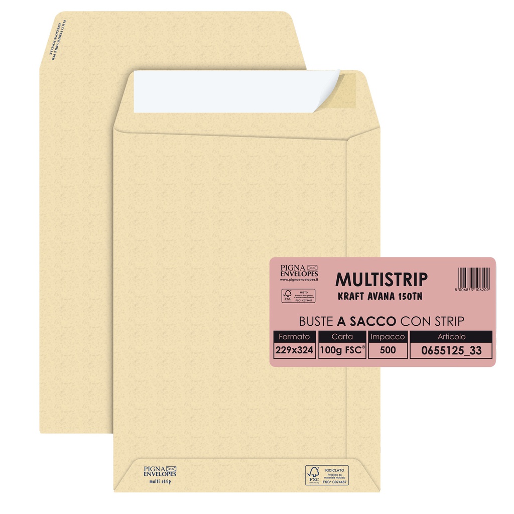 500 buste saccoMULTI STRIP avana carta ric.FSC®strip adesivo230x330mm 100g Pigna