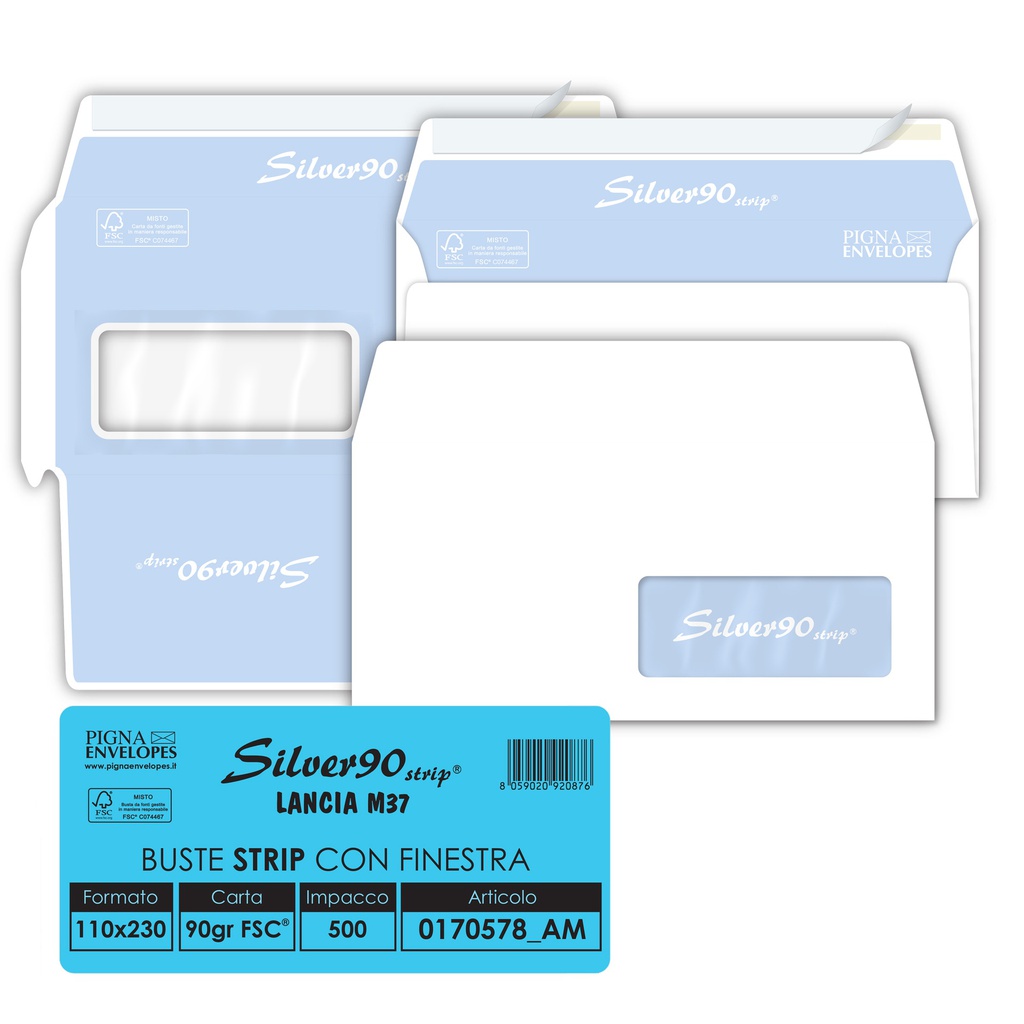 500 busteSILVER90 STRIP FSC®bianca internografata c/finestra110x230mm 90gr Pigna