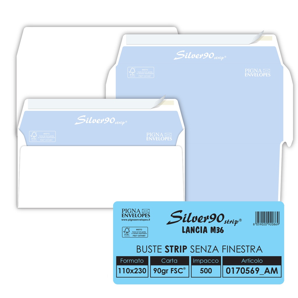 500 busteSILVER90 STRIP FSC®bianca internografata s/finestra110x230mm 90gr Pigna