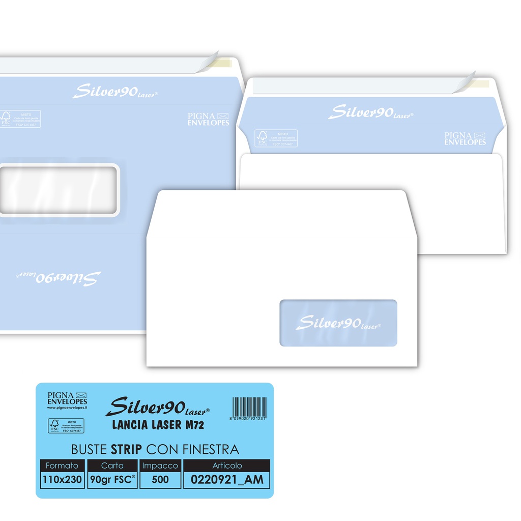 500 busteSILVER90 STRIP LASER FSC®bianca intern. c/finestra110x230mm 90gr Pigna