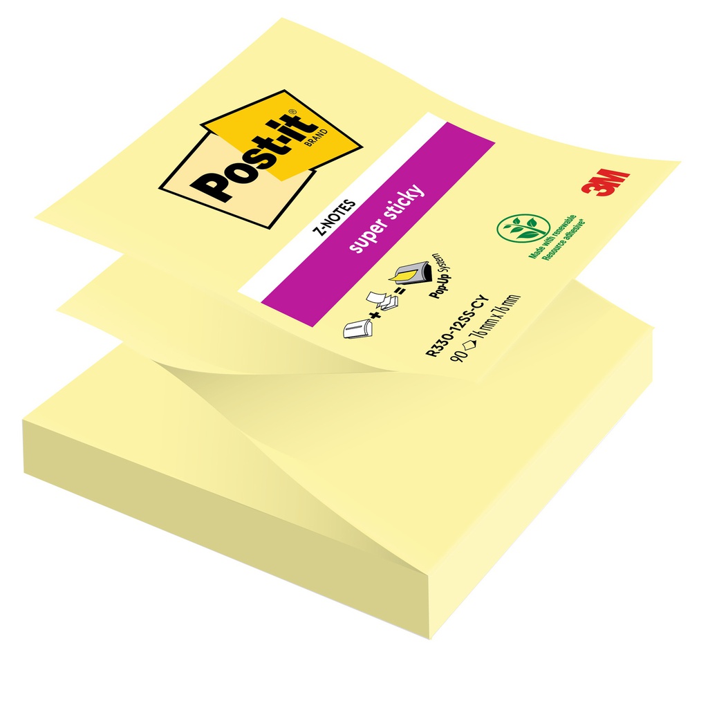 BLOCCO 90foglietti Post-it® Super Sticky Z-Notes Canary76x76mm R330-123SS-CY