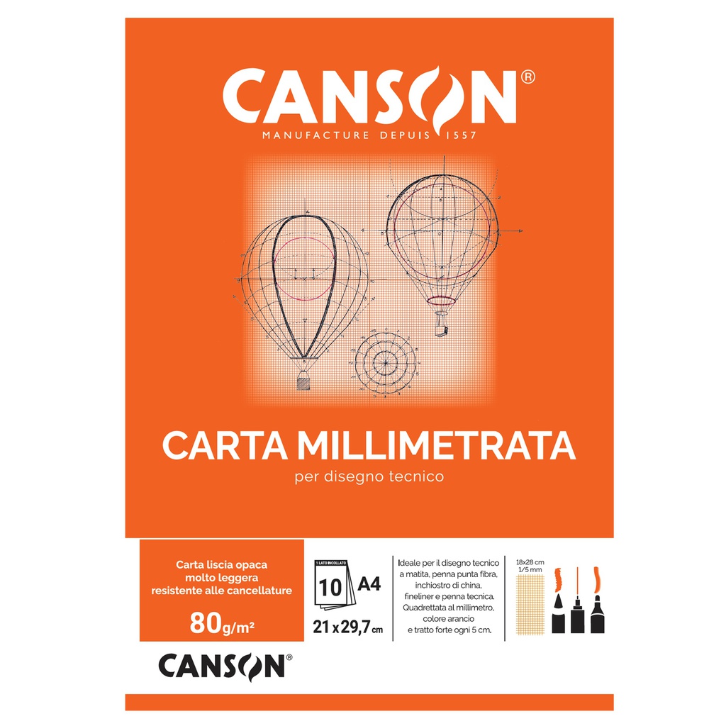 BLOCCO CARTA OPACA MILLIMETRATA 210x297mm 10FG 80GR CANSON