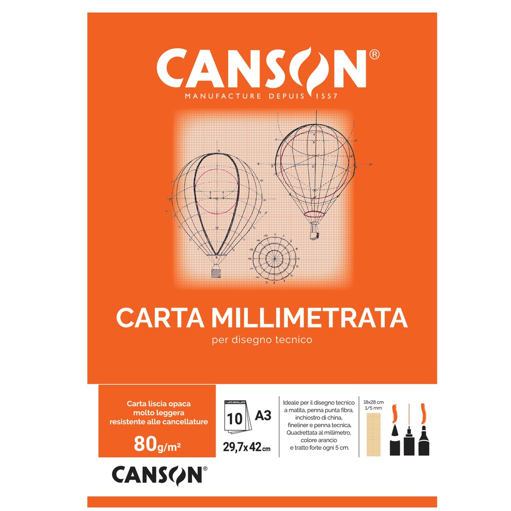 BLOCCO CARTA OPACA MILLIMETRATA 297x420mm 10FG 80GR CANSON