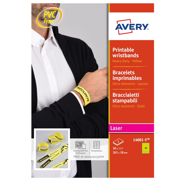 Braccialetti identificativi Giallo 5fg A4 265x18mm (10et/fg laser Avery