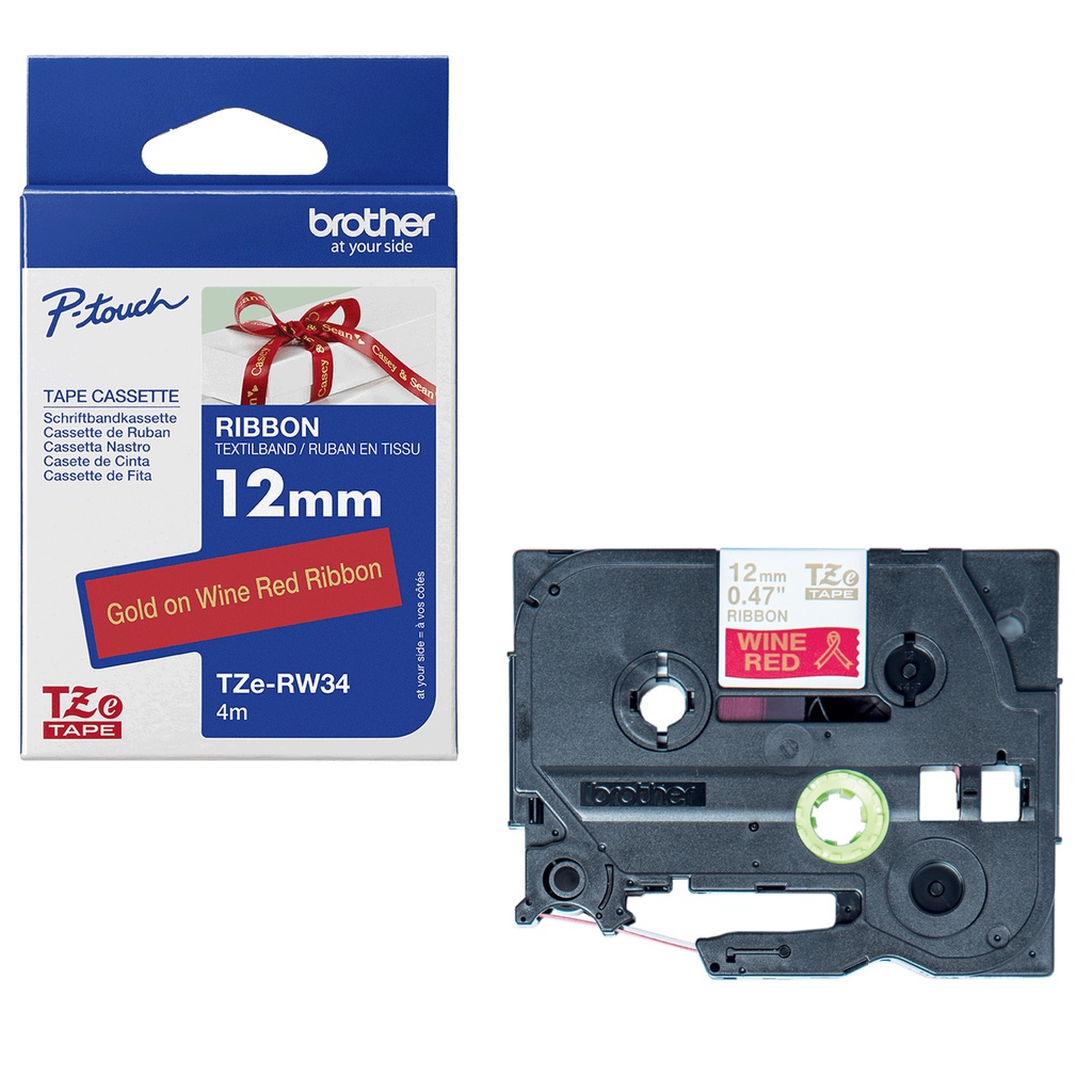 Brother Nastro TZERW34 in tessuto da 12 mm Oro su Rosso (4m