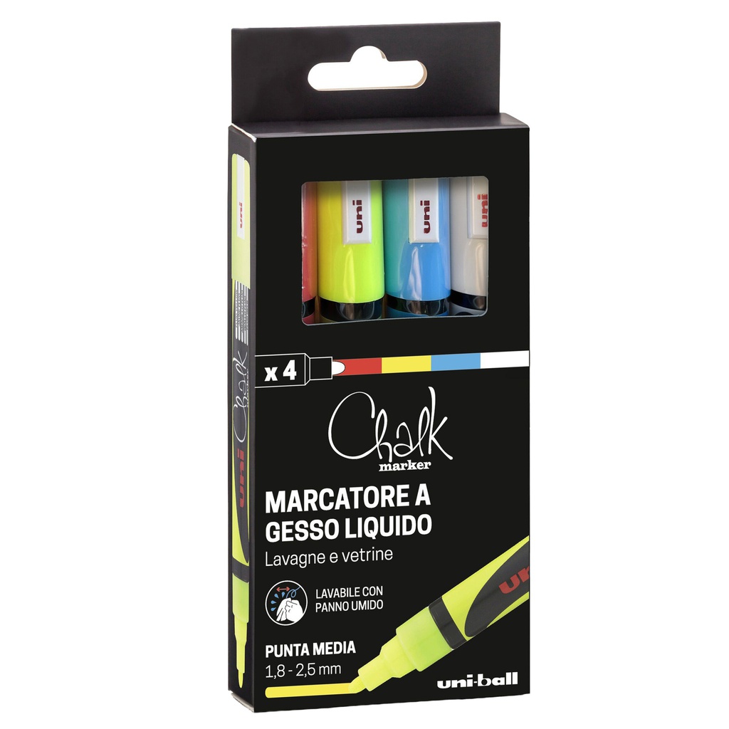 Busta 4 marcatore a gesso liquido UNI CHALK p.tonda col.assortiti UNI