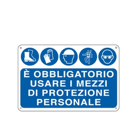 [76903] CARTELLO ALLUMINIO 30x20cm 'E' OBBLIGATORIO USARE I MEZZI DI PROTEZ. INDIVID.'