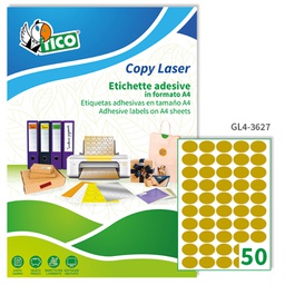 [65022] Etichetta adesiva GL4 ovale oro satinata 100fg A4 36x27mm (50et/fg Tico