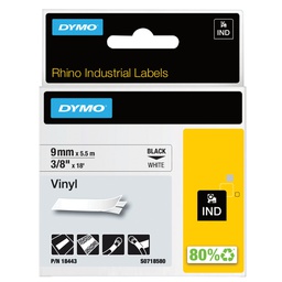 [72187] NASTRO VINILE 9mm x 5.5mt nero su bianco 18443 RHINO