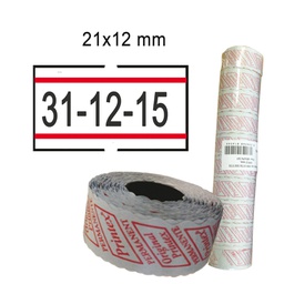 [74890] PACK 10 ROTOLI 1000 ETICH. 21x12mm BIANCO PERM. con RIGHE ROSSE Printex