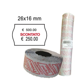 [74907] PACK 10 ROTOLI 1000 ETICH. 26x16mm ONDA ''scontato'' BIANCO PERM. Printex