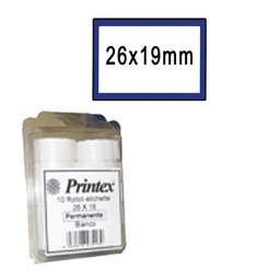 [74912] PACK 10 ROTOLI 600 ETICH. 26x19mm BIANCO REMOV. CORNICE BLU Printex