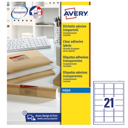 [45203] Poliestere adesivo J8560 trasparente 25fg A4 63,5x38,1mm (21et/fg inkjet Avery